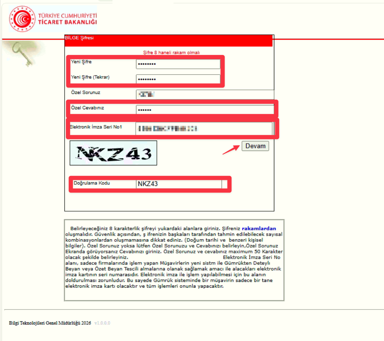 Şifre ve E-İmza Güncelleme Ekranı